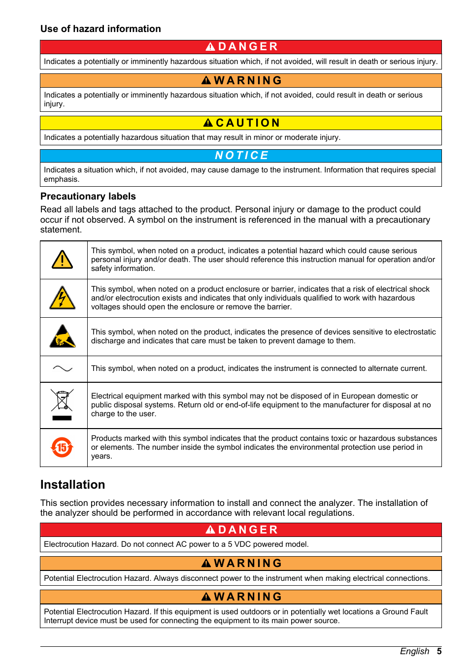 Use of hazard information, Precautionary labels, Installation | Hach-Lange ORBISPHERE KM1100 Basic User Manual User Manual | Page 5 / 350