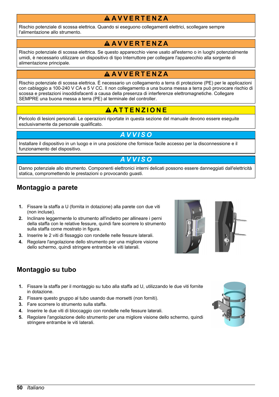 Montaggio a parete, Montaggio su tubo | Hach-Lange ORBISPHERE KM1100 Basic User Manual User Manual | Page 50 / 350