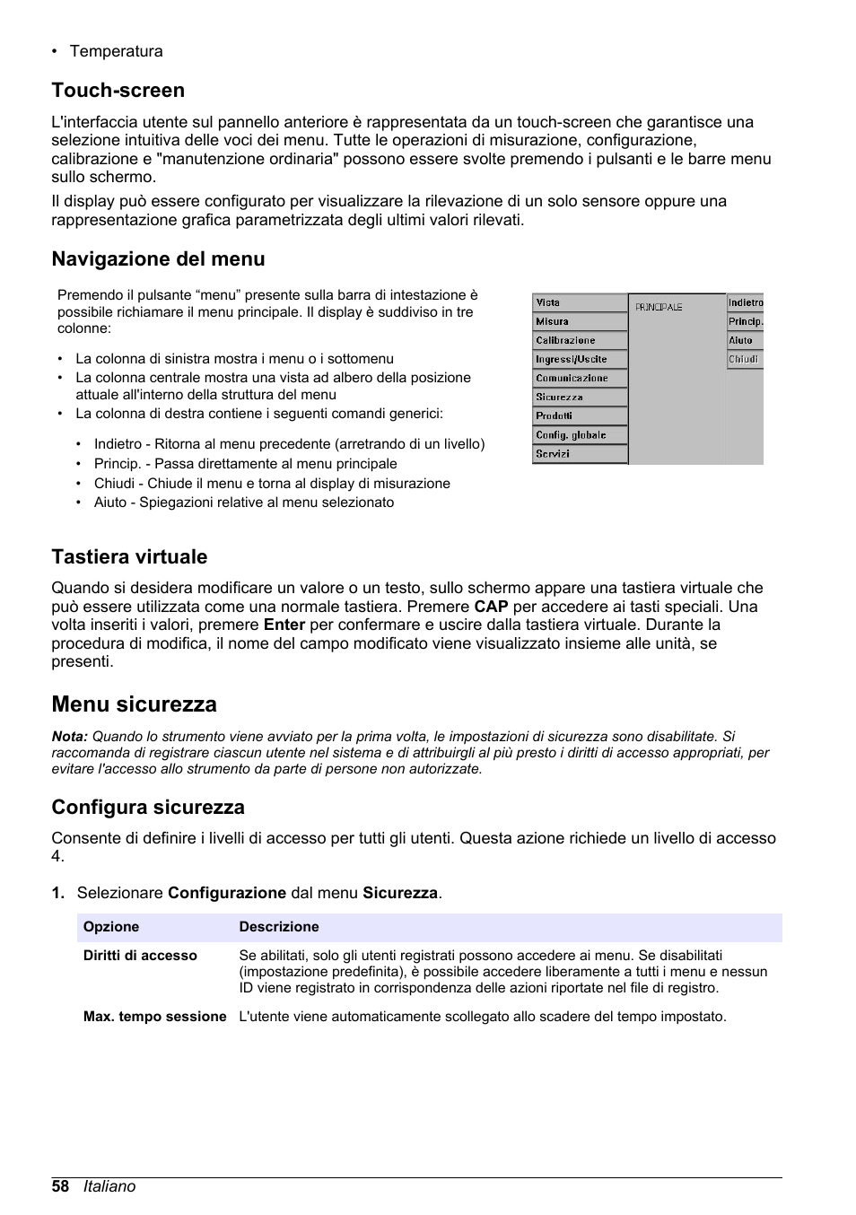 Touch-screen, Navigazione del menu, Tastiera virtuale | Menu sicurezza, Configura sicurezza | Hach-Lange ORBISPHERE KM1100 Basic User Manual User Manual | Page 58 / 350