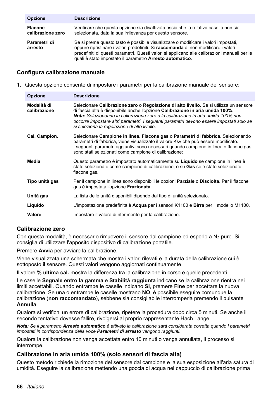 Configura calibrazione manuale, Calibrazione zero, Aria umida 100%, come descritto in | Calibrazione in aria, Umida 100% (solo sensori di fascia alta) | Hach-Lange ORBISPHERE KM1100 Basic User Manual User Manual | Page 66 / 350