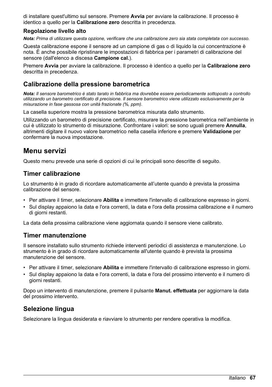 Regolazione livello alto, Calibrazione della pressione barometrica, Menu servizi | Timer calibrazione, Timer manutenzione, Selezione lingua | Hach-Lange ORBISPHERE KM1100 Basic User Manual User Manual | Page 67 / 350