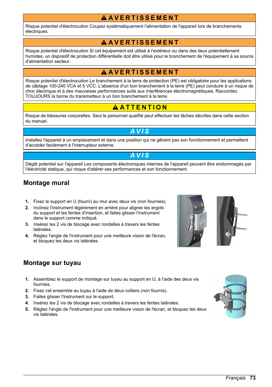 Montage mural, Montage sur tuyau, A v i s | Hach-Lange ORBISPHERE KM1100 Basic User Manual User Manual | Page 73 / 350