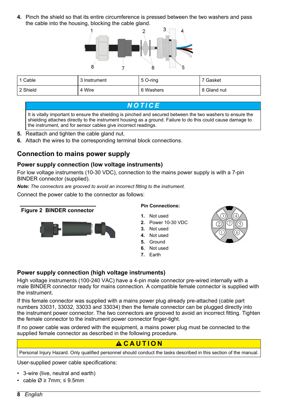 Connection to mains power supply, Power supply connection (low voltage instruments), Power supply connection (high voltage instruments) | Hach-Lange ORBISPHERE KM1100 Basic User Manual User Manual | Page 8 / 350