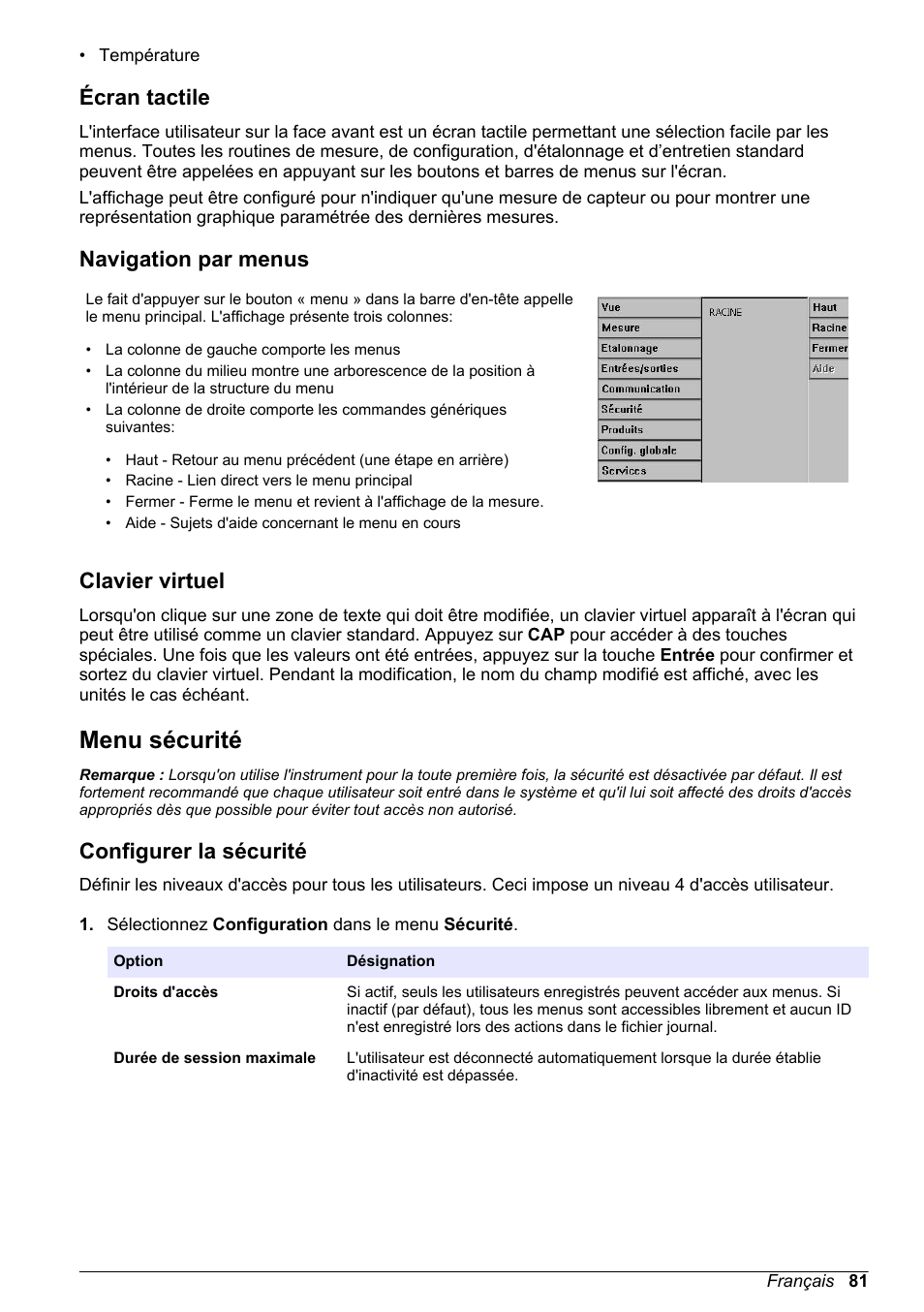 Écran tactile, Navigation par menus, Clavier virtuel | Menu sécurité, Configurer la sécurité | Hach-Lange ORBISPHERE KM1100 Basic User Manual User Manual | Page 81 / 350