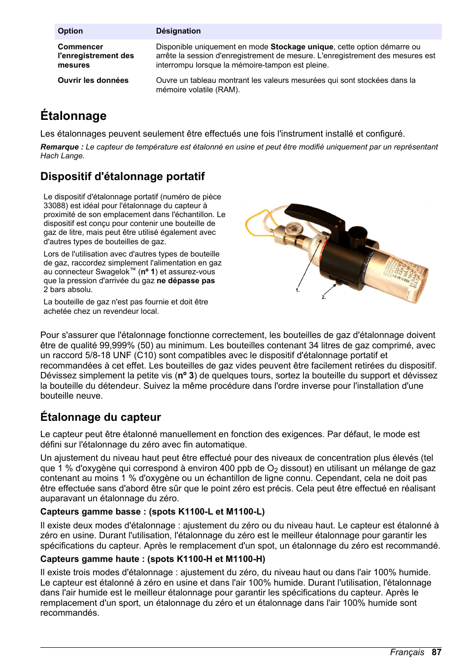 Étalonnage, Dispositif d'étalonnage portatif, Étalonnage du capteur | Hach-Lange ORBISPHERE KM1100 Basic User Manual User Manual | Page 87 / 350