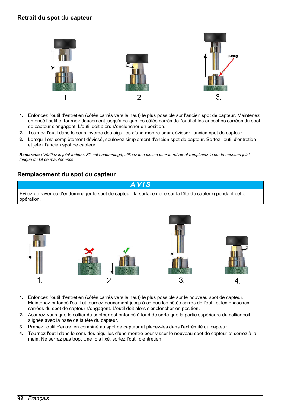 Retrait du spot du capteur, Remplacement du spot du capteur, A v i s | Hach-Lange ORBISPHERE KM1100 Basic User Manual User Manual | Page 92 / 350