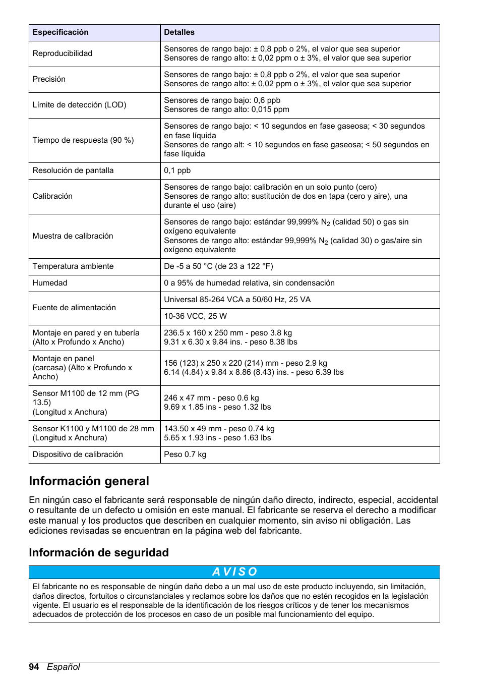 Información general, Información de seguridad | Hach-Lange ORBISPHERE KM1100 Basic User Manual User Manual | Page 94 / 350