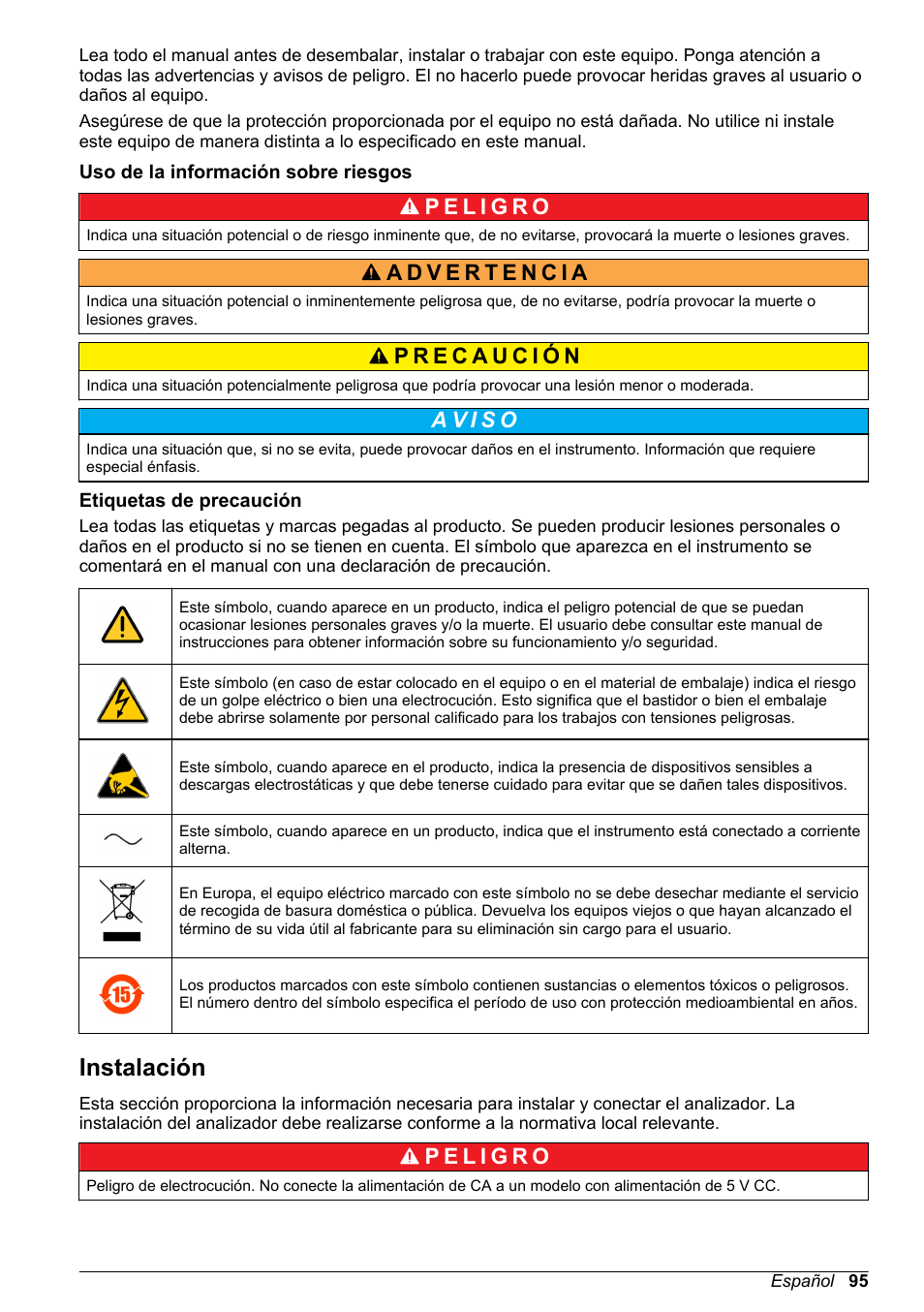 Uso de la información sobre riesgos, Etiquetas de precaución, Instalación | Hach-Lange ORBISPHERE KM1100 Basic User Manual User Manual | Page 95 / 350