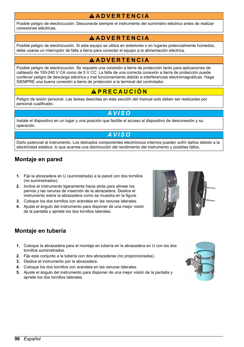 Montaje en pared, Montaje en tubería | Hach-Lange ORBISPHERE KM1100 Basic User Manual User Manual | Page 96 / 350