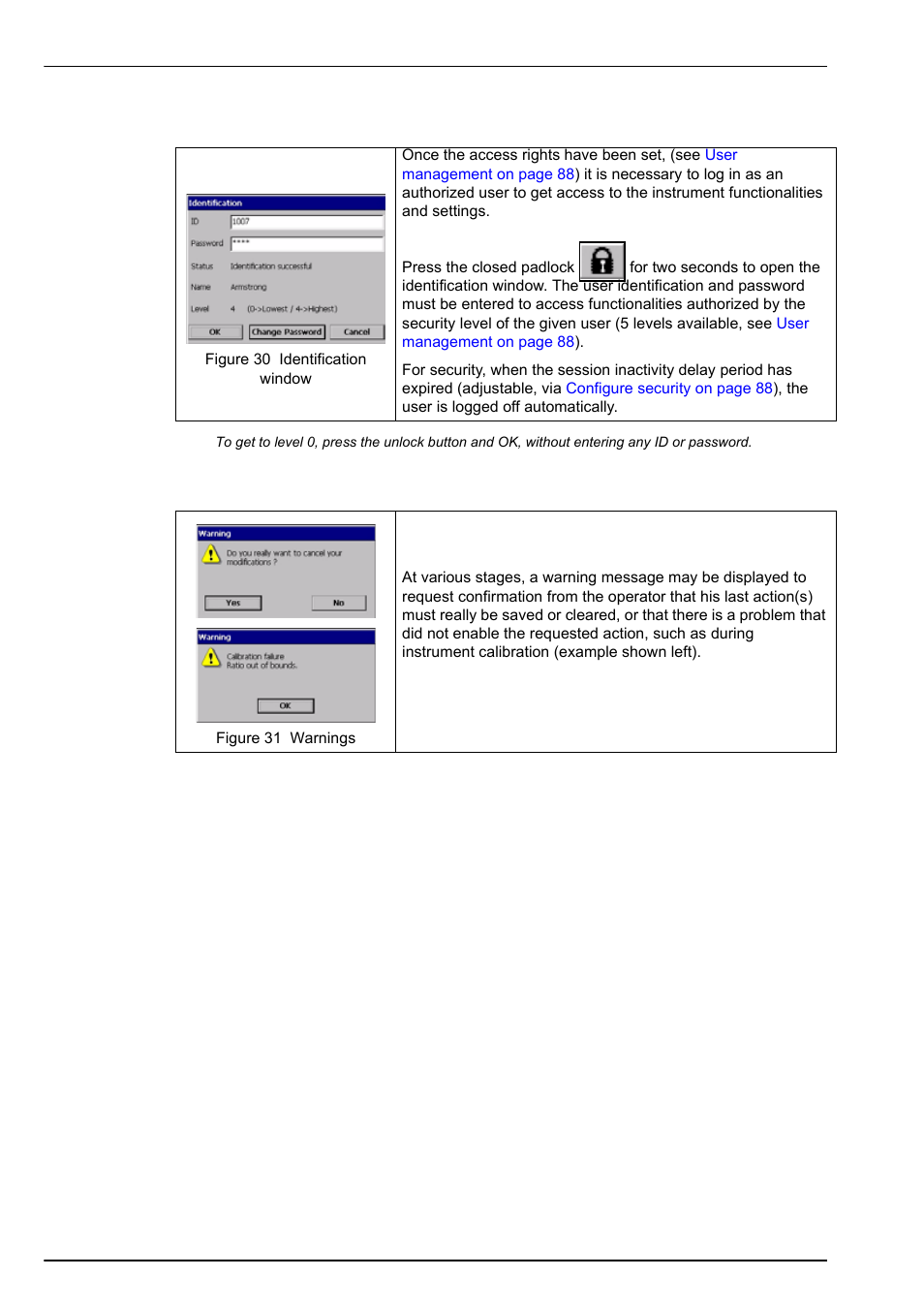 5 identification and authorization level, 6 warning windows, Identification and | Hach-Lange ORBISPHERE K1100_M1100 Operator Manual User Manual | Page 46 / 114