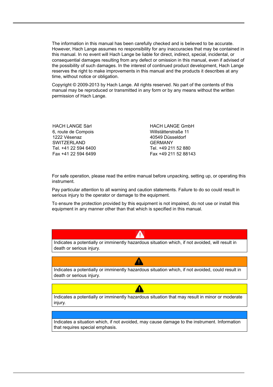 Section 1 general information, 1 disclaimer, 2 contact information | 3 safety information, 1 use of hazard information, 2 contact information 1.3 safety information | Hach-Lange ORBISPHERE K1100_M1100 Operator Manual User Manual | Page 7 / 114