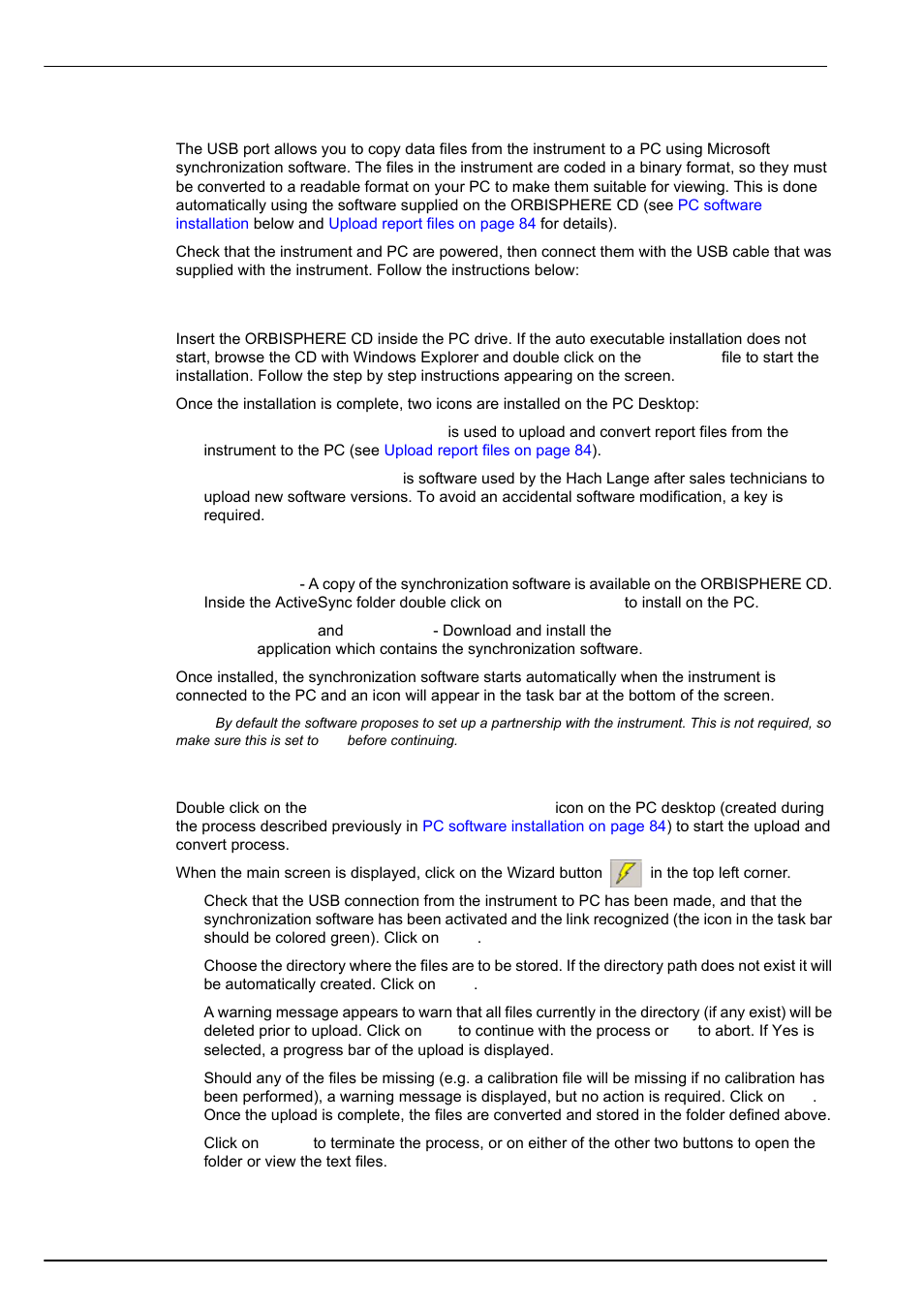 1 pc software installation, 2 microsoft synchronization software, 3 upload report files | Communication menu | Hach-Lange ORBISPHERE K1100_M1100 Operator Manual User Manual | Page 86 / 114