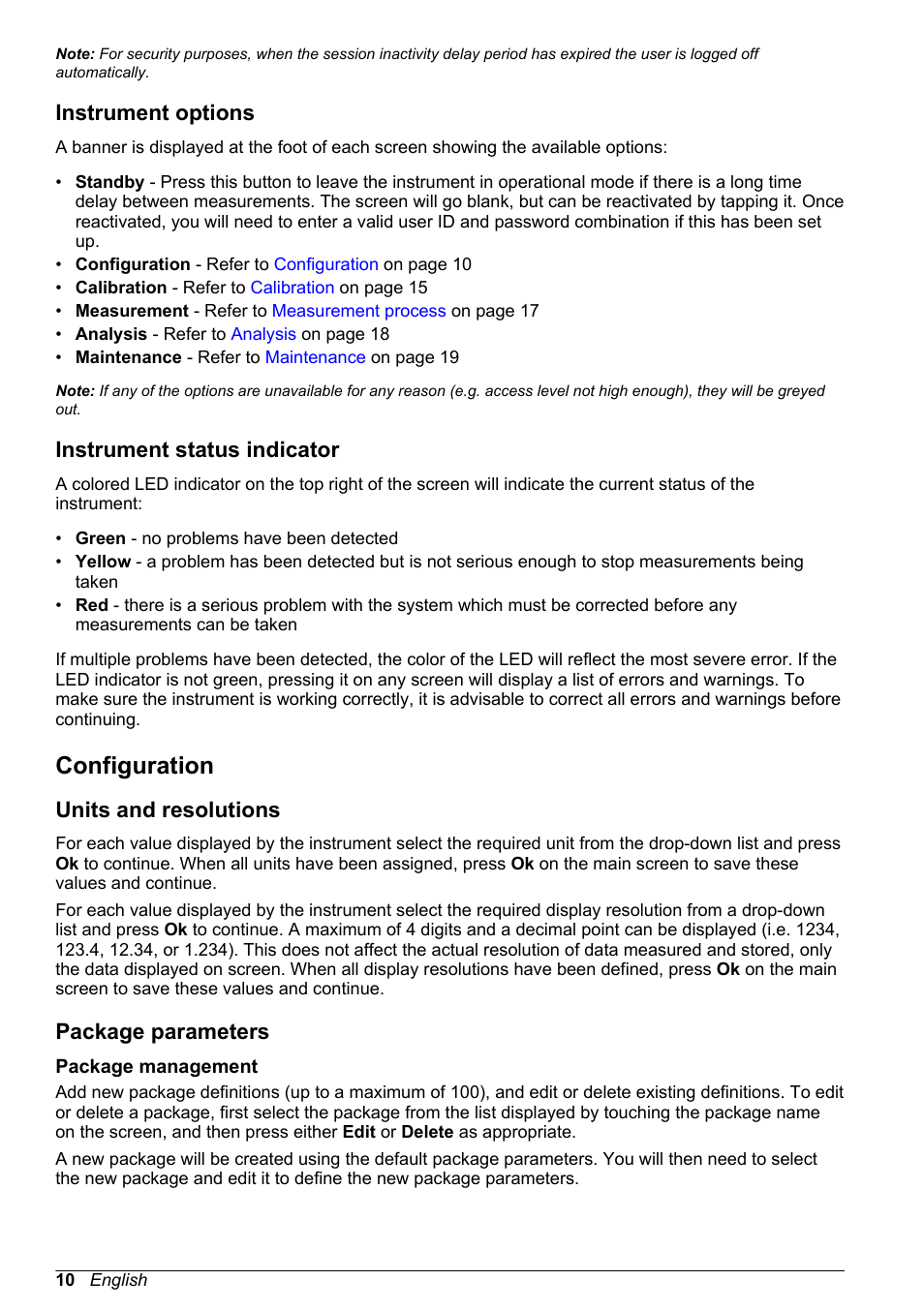 Instrument options, Instrument status indicator, Configuration | Units and resolutions, Package parameters, Package management | Hach-Lange ORBISPHERE 6110 Basic User Manual User Manual | Page 10 / 302