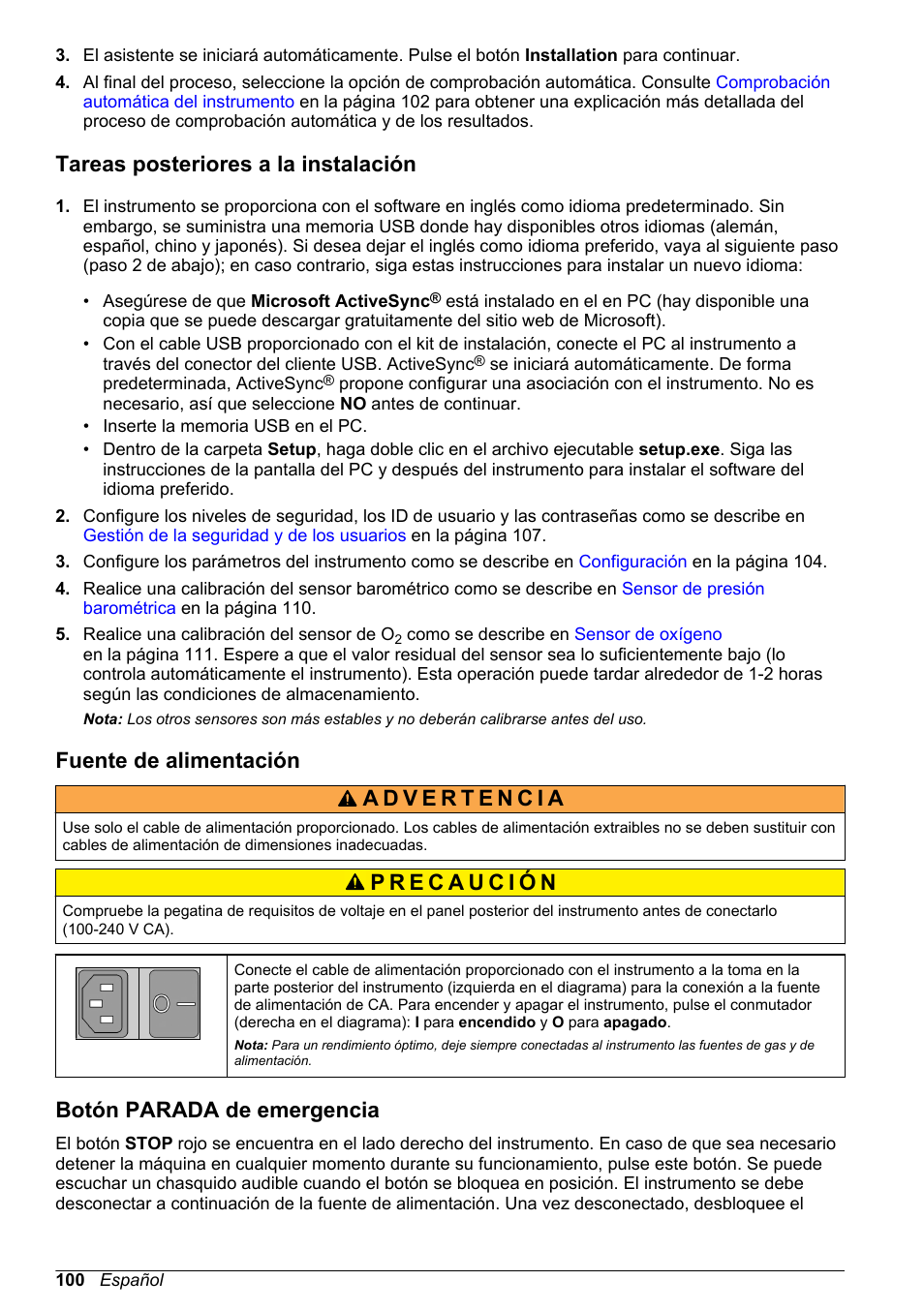 Tareas posteriores a la instalación, Fuente de alimentación, Botón parada de emergencia | Hach-Lange ORBISPHERE 6110 Basic User Manual User Manual | Page 100 / 302