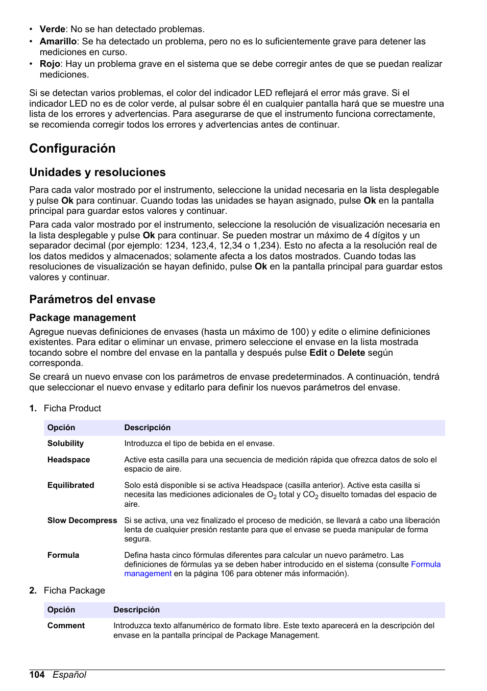 Configuración, Unidades y resoluciones, Parámetros del envase | Package management, Consulte | Hach-Lange ORBISPHERE 6110 Basic User Manual User Manual | Page 104 / 302