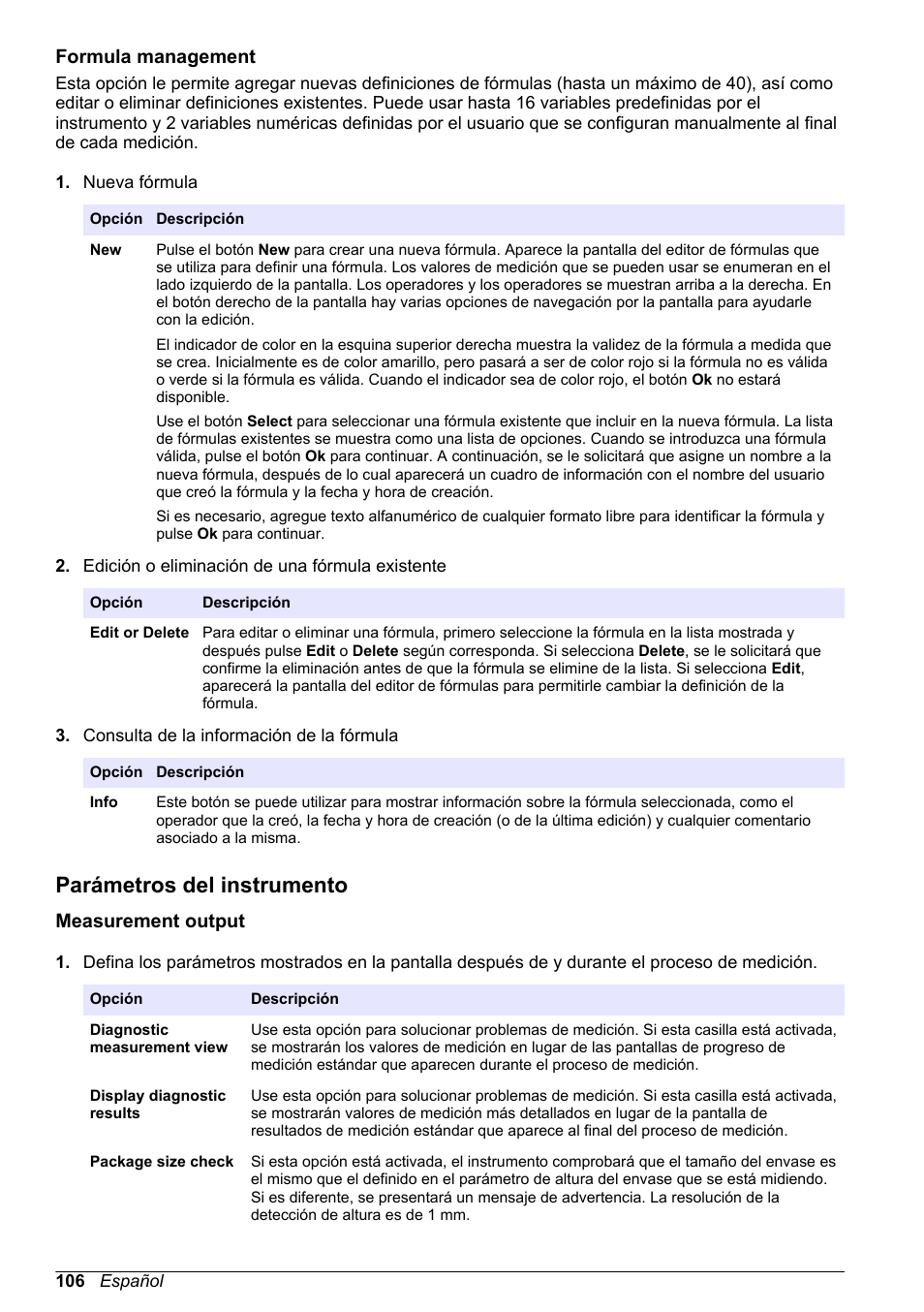 Formula management, Parámetros del instrumento, Measurement output | Hach-Lange ORBISPHERE 6110 Basic User Manual User Manual | Page 106 / 302