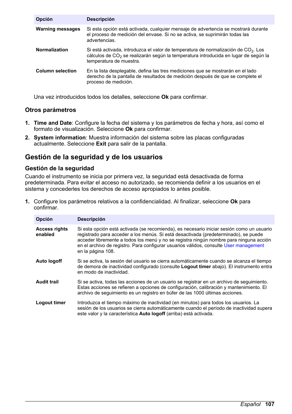 Otros parámetros, Gestión de la seguridad y de los usuarios, Gestión de la seguridad | Hach-Lange ORBISPHERE 6110 Basic User Manual User Manual | Page 107 / 302