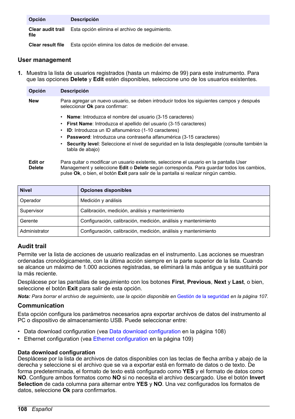 User management, Audit trail, Communication | Data download configuration | Hach-Lange ORBISPHERE 6110 Basic User Manual User Manual | Page 108 / 302