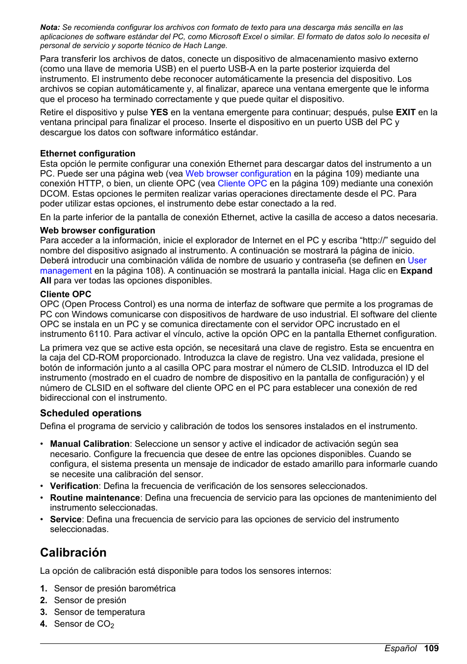 Ethernet configuration, Web browser configuration, Cliente opc | Scheduled operations, Calibración | Hach-Lange ORBISPHERE 6110 Basic User Manual User Manual | Page 109 / 302