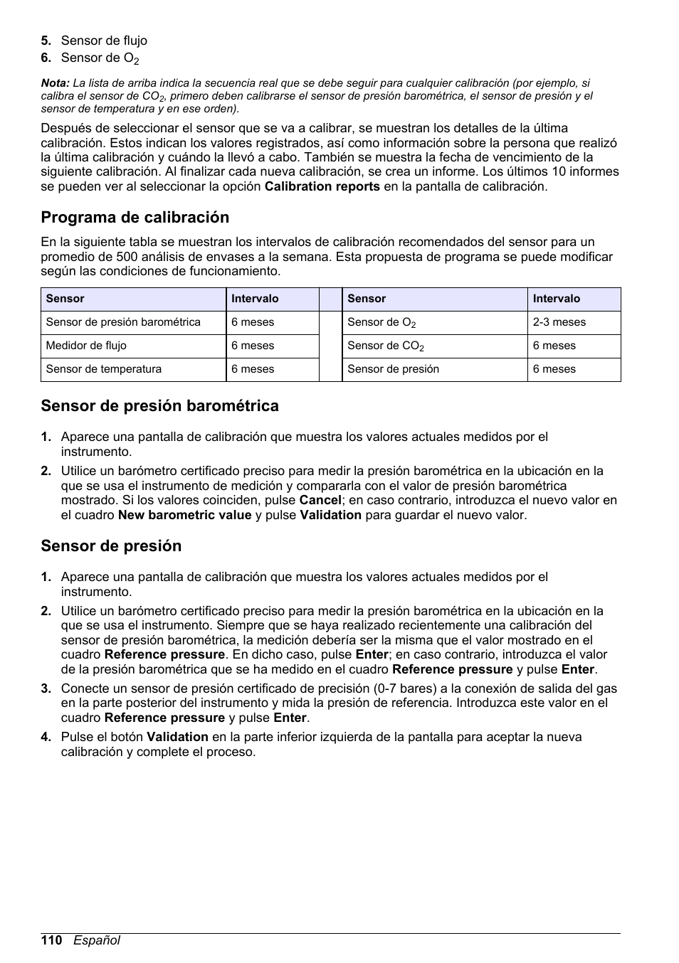 Programa de calibración, Sensor de presión barométrica, Sensor de presión | Barométrica | Hach-Lange ORBISPHERE 6110 Basic User Manual User Manual | Page 110 / 302