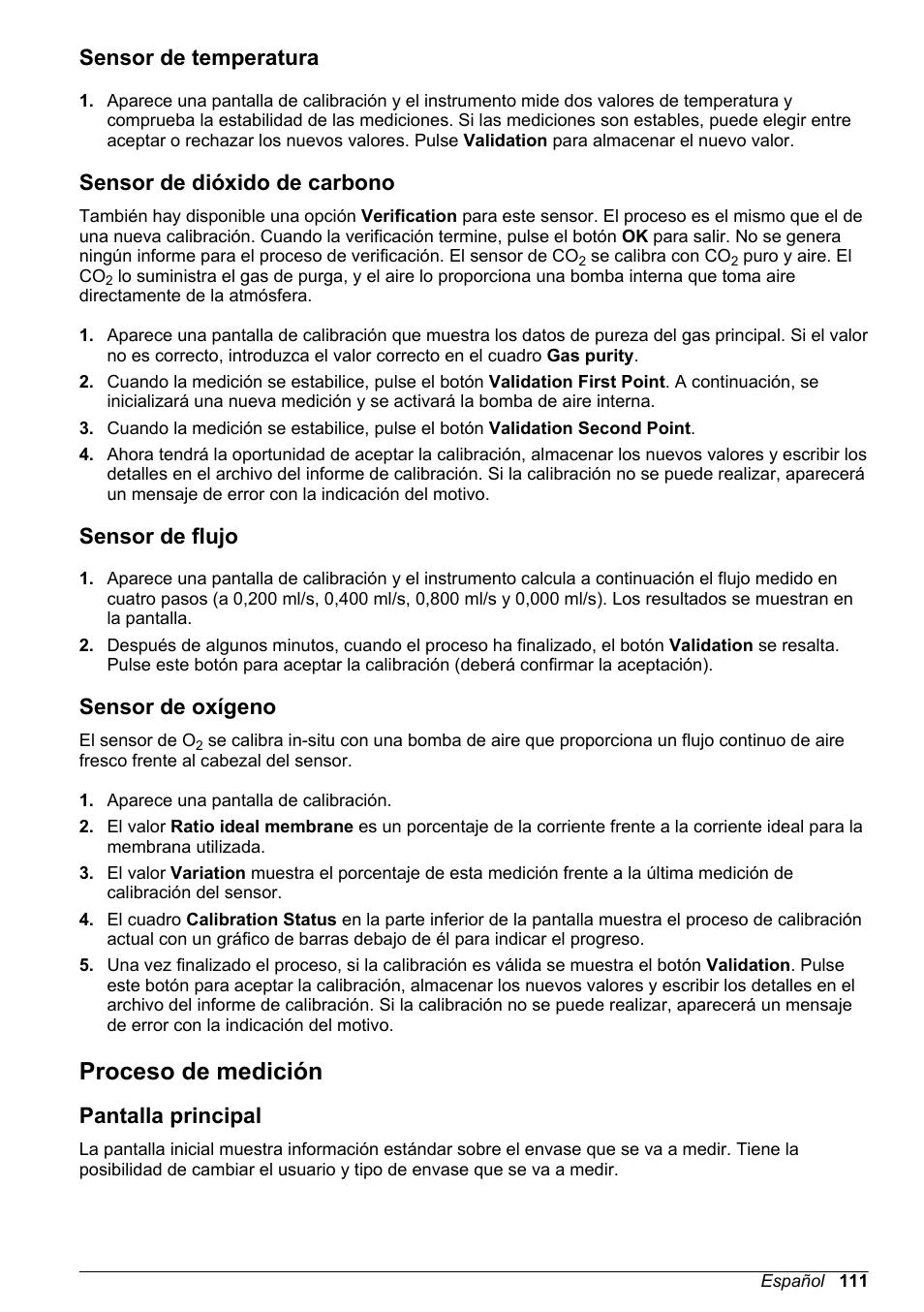 Sensor de temperatura, Sensor de dióxido de carbono, Sensor de flujo | Sensor de oxígeno, Proceso de medición, Pantalla principal, Como se describe en, Consulte | Hach-Lange ORBISPHERE 6110 Basic User Manual User Manual | Page 111 / 302