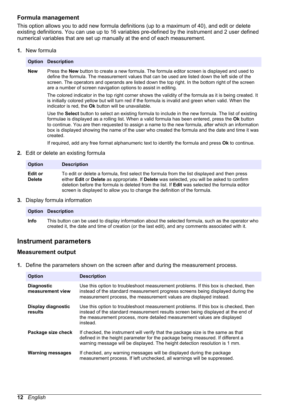 Formula management, Instrument parameters, Measurement output | Package size check option in | Hach-Lange ORBISPHERE 6110 Basic User Manual User Manual | Page 12 / 302