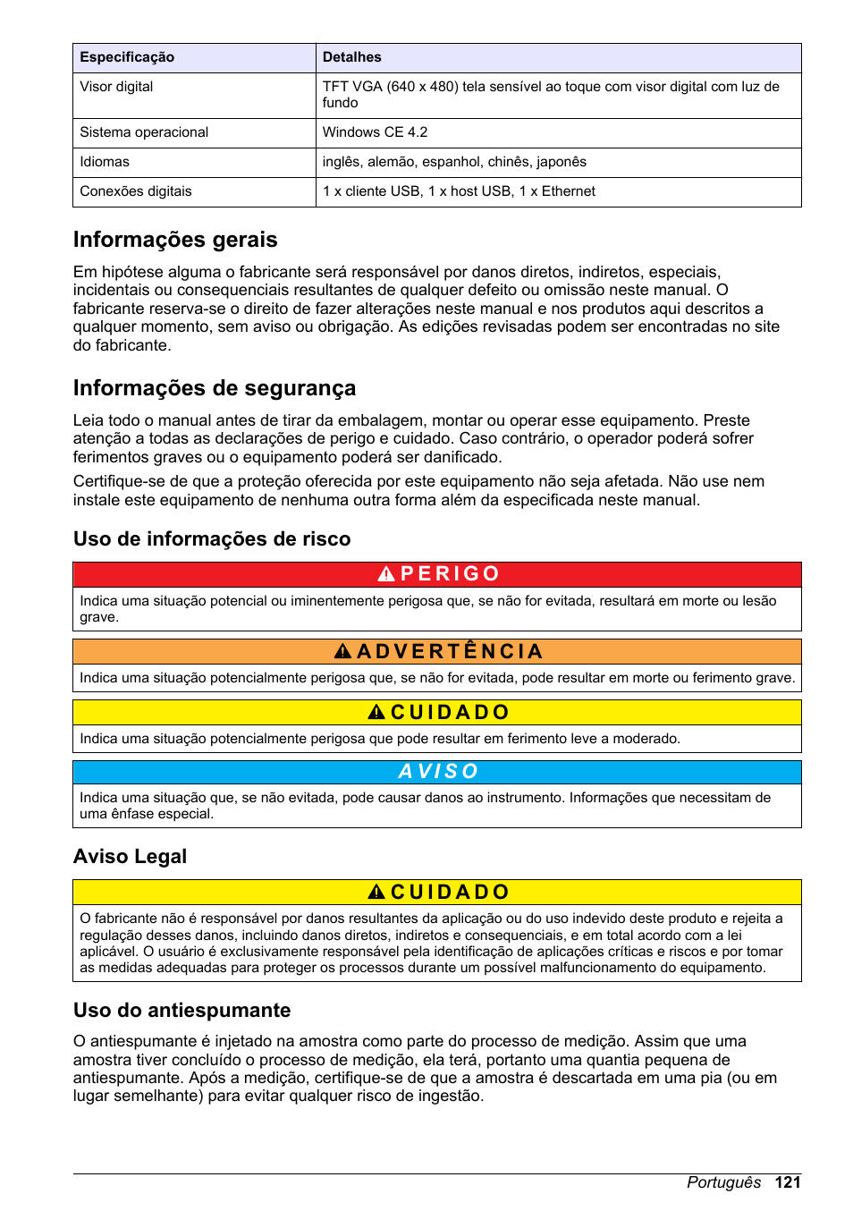 Informações gerais, Informações de segurança, Uso de informações de risco | Aviso legal, Uso do antiespumante | Hach-Lange ORBISPHERE 6110 Basic User Manual User Manual | Page 121 / 302