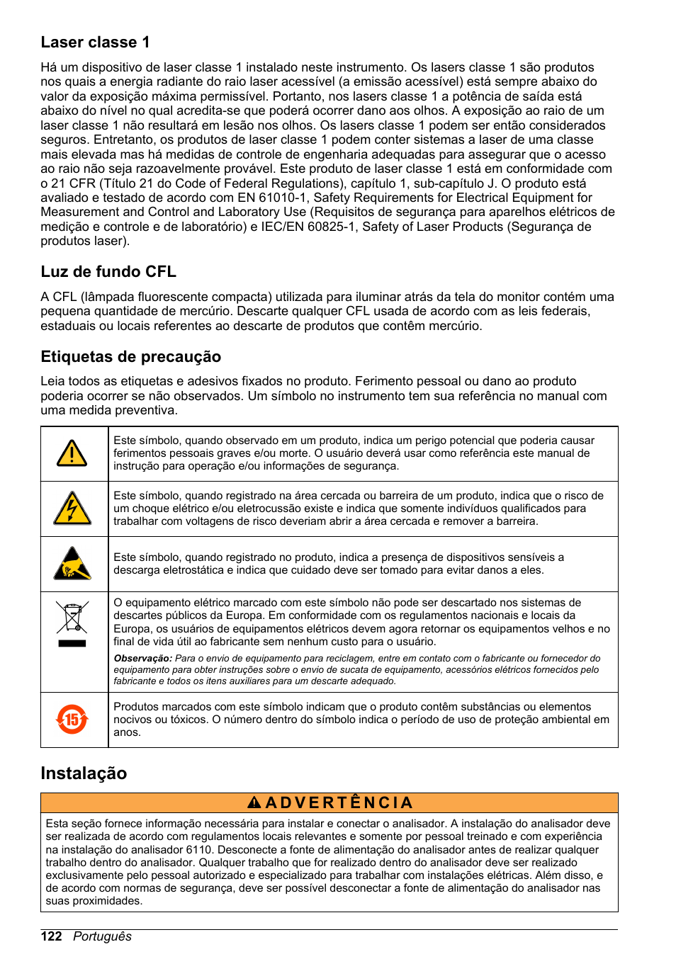 Laser classe 1, Luz de fundo cfl, Etiquetas de precaução | Instalação | Hach-Lange ORBISPHERE 6110 Basic User Manual User Manual | Page 122 / 302
