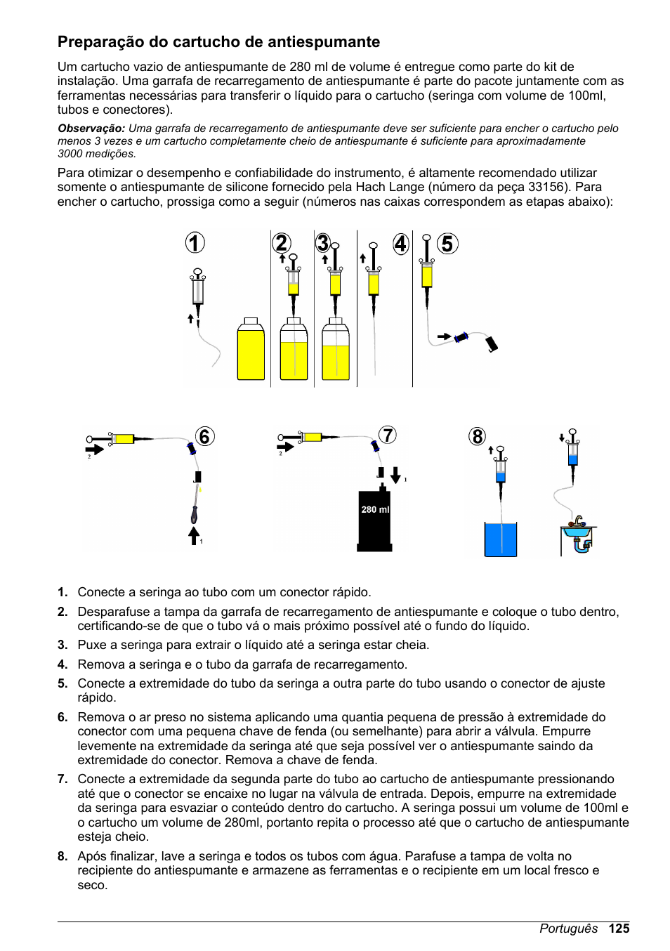 Preparação do cartucho de antiespumante | Hach-Lange ORBISPHERE 6110 Basic User Manual User Manual | Page 125 / 302