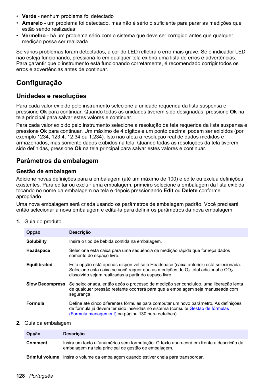 Configuração, Unidades e resoluções, Parâmetros da embalagem | Gestão de embalagem, Consulte | Hach-Lange ORBISPHERE 6110 Basic User Manual User Manual | Page 128 / 302