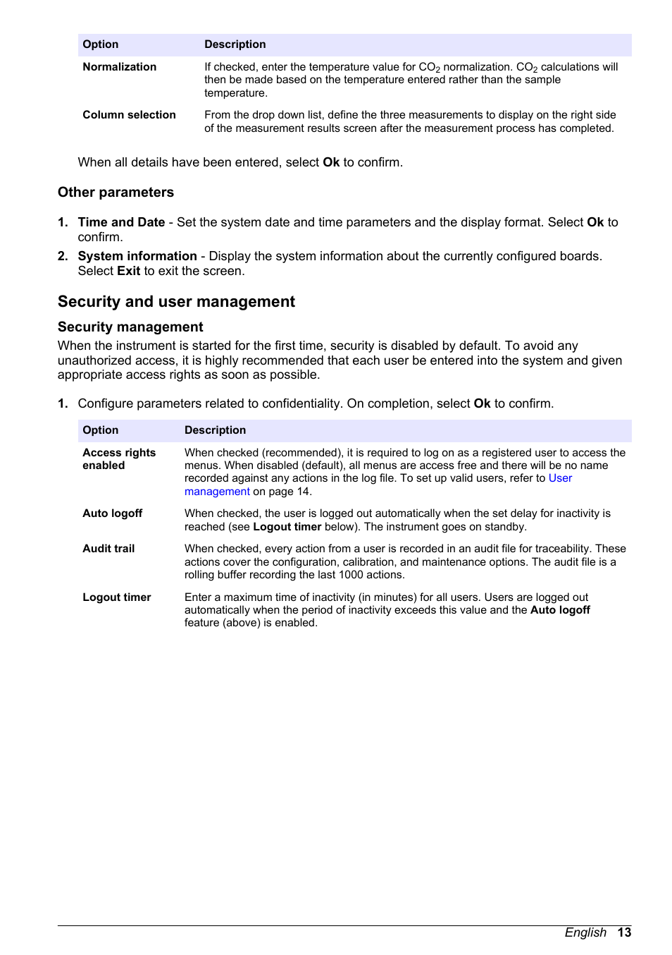 Other parameters, Security and user management, Security management | Hach-Lange ORBISPHERE 6110 Basic User Manual User Manual | Page 13 / 302