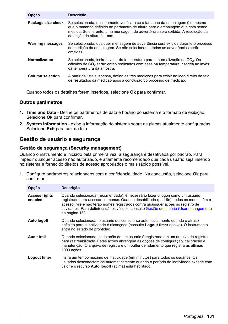 Outros parâmetros, Gestão de usuário e segurança, Gestão de segurança (security management) | Gestão de usuário, E segurança | Hach-Lange ORBISPHERE 6110 Basic User Manual User Manual | Page 131 / 302