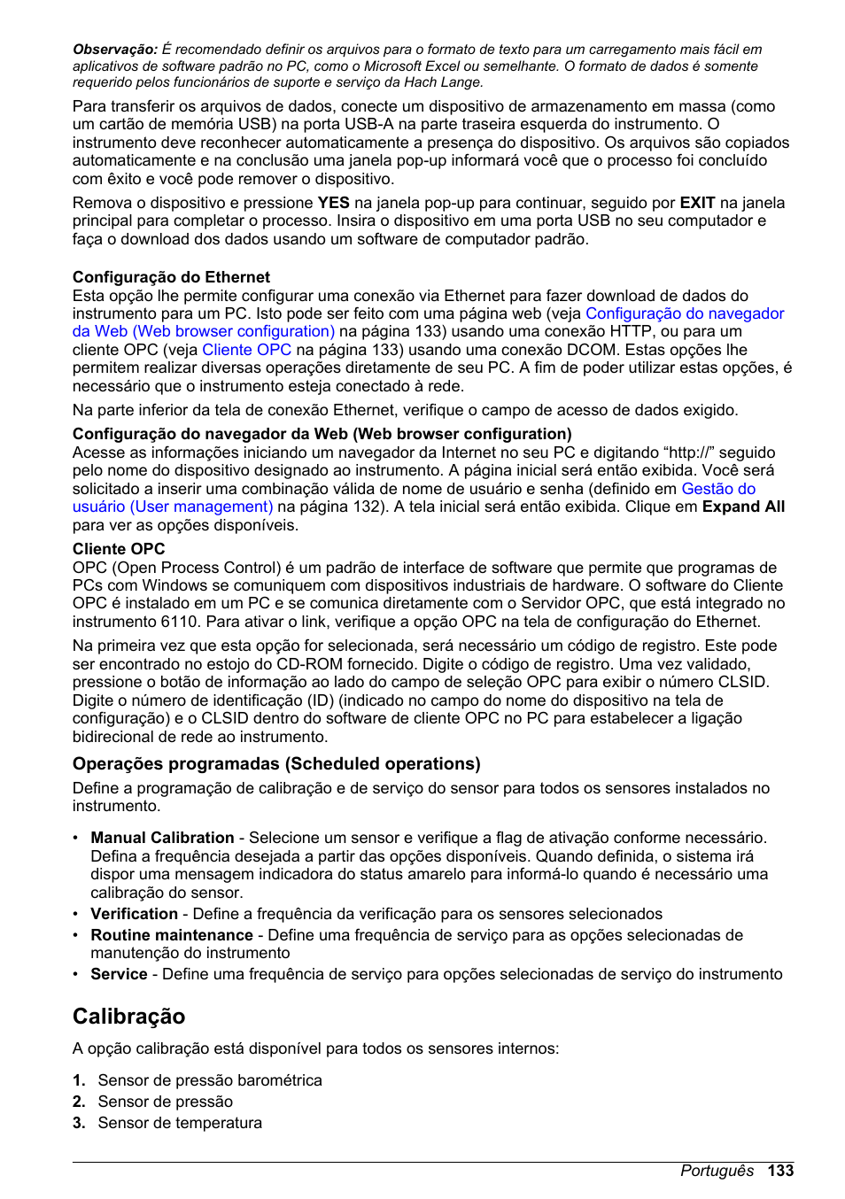 Configuração do ethernet, Cliente opc, Operações programadas (scheduled operations) | Calibração, Consulte, Configuração do ethernet (veja | Hach-Lange ORBISPHERE 6110 Basic User Manual User Manual | Page 133 / 302