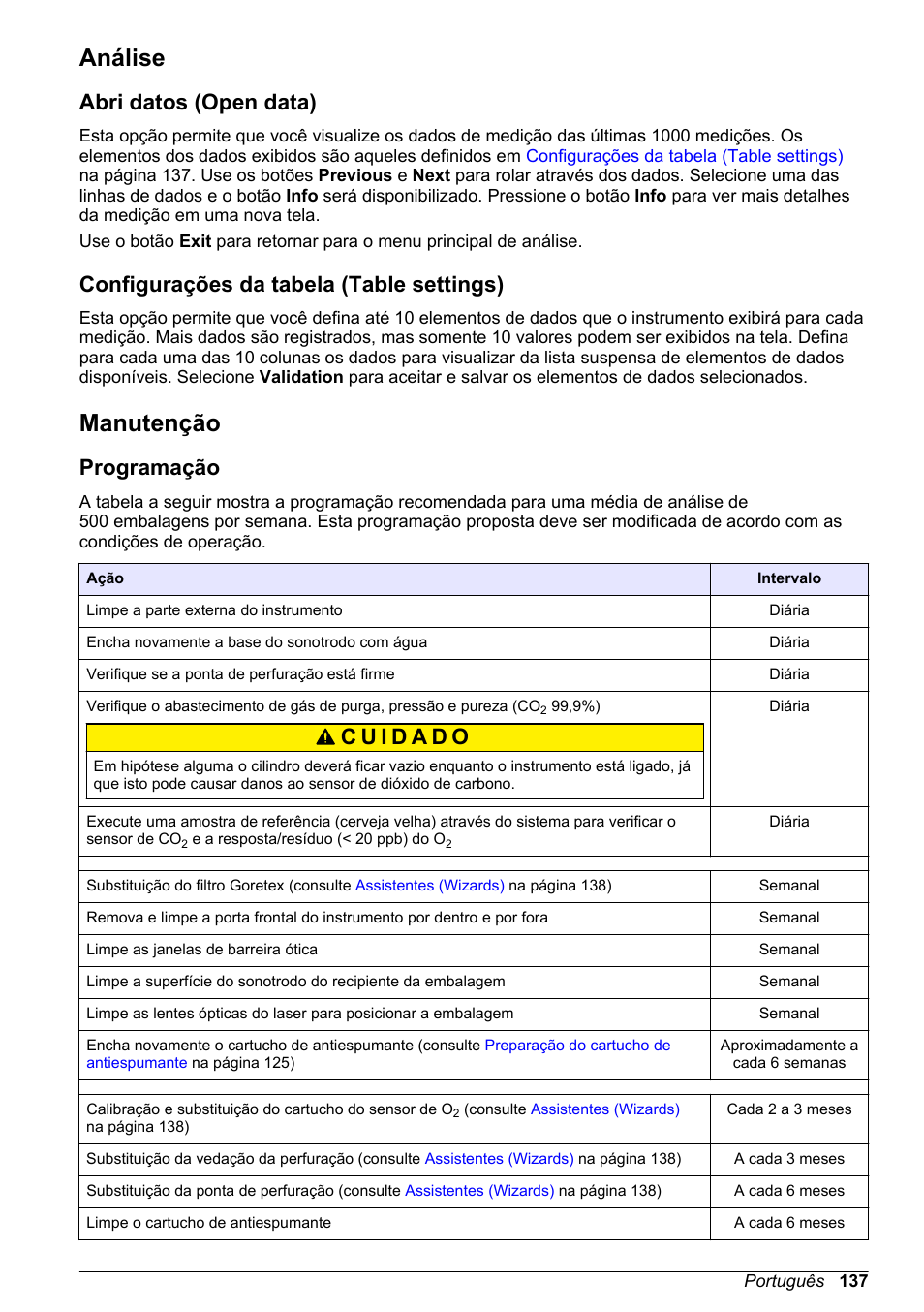 Análise, Abri datos (open data), Configurações da tabela (table settings) | Manutenção, Programação, Consulte | Hach-Lange ORBISPHERE 6110 Basic User Manual User Manual | Page 137 / 302