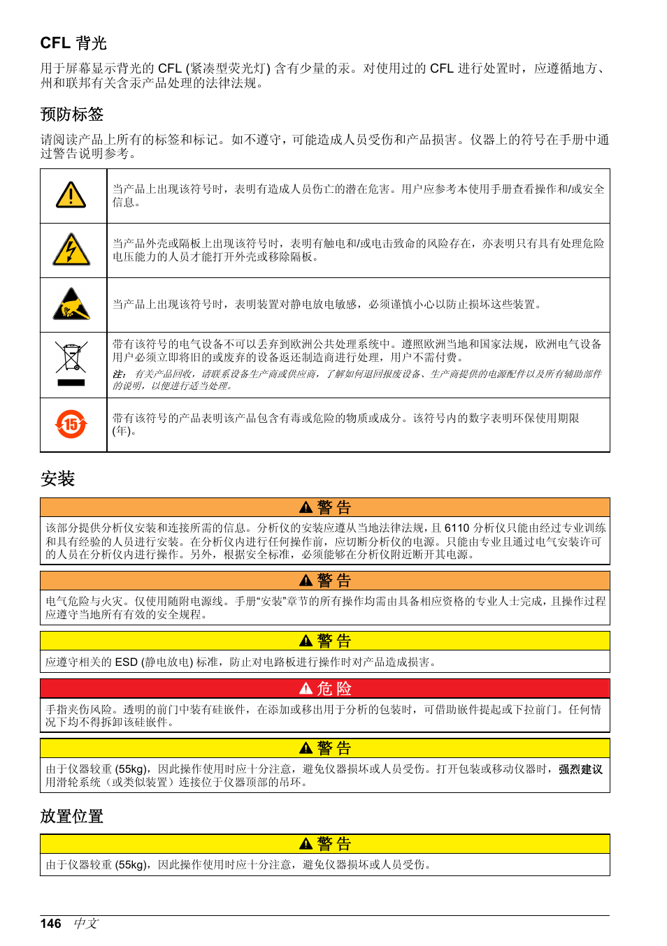 Cfl 背光, 预防标签, 放置位置 | 放置位置 警 告 | Hach-Lange ORBISPHERE 6110 Basic User Manual User Manual | Page 146 / 302