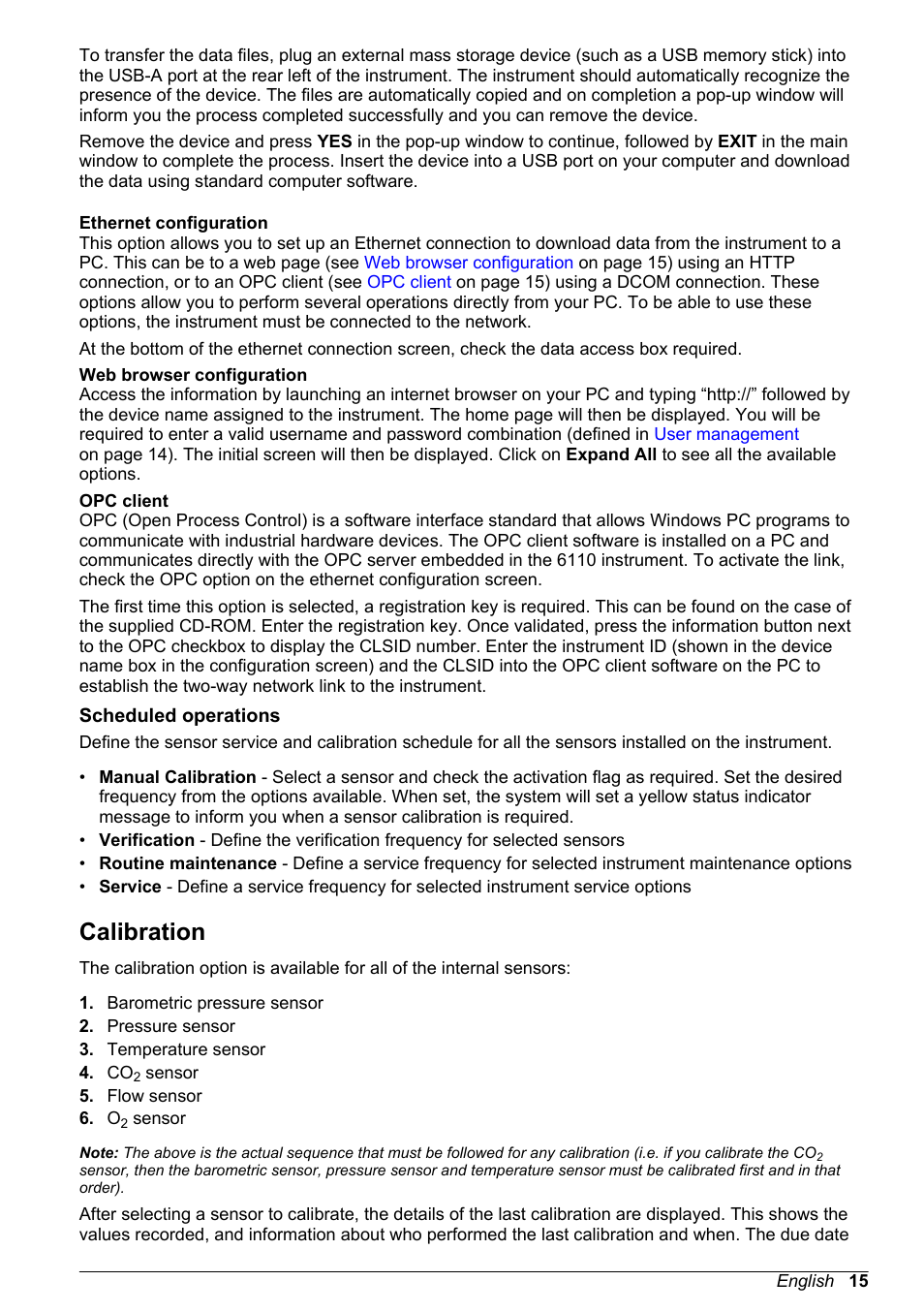 Ethernet configuration, Web browser configuration, Opc client | Scheduled operations, Calibration, Refer to | Hach-Lange ORBISPHERE 6110 Basic User Manual User Manual | Page 15 / 302