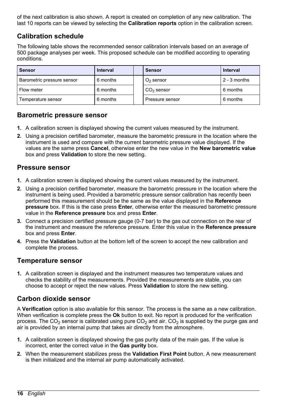 Calibration schedule, Barometric pressure sensor, Pressure sensor | Temperature sensor, Carbon dioxide sensor | Hach-Lange ORBISPHERE 6110 Basic User Manual User Manual | Page 16 / 302