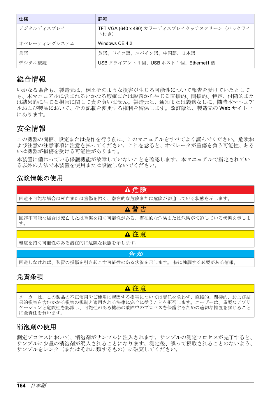 総合情報, 安全情報, 危険情報の使用 | 免責条項, 消泡剤の使用, 危険情報の使用 危 険, 免責条項 注 意 | Hach-Lange ORBISPHERE 6110 Basic User Manual User Manual | Page 164 / 302