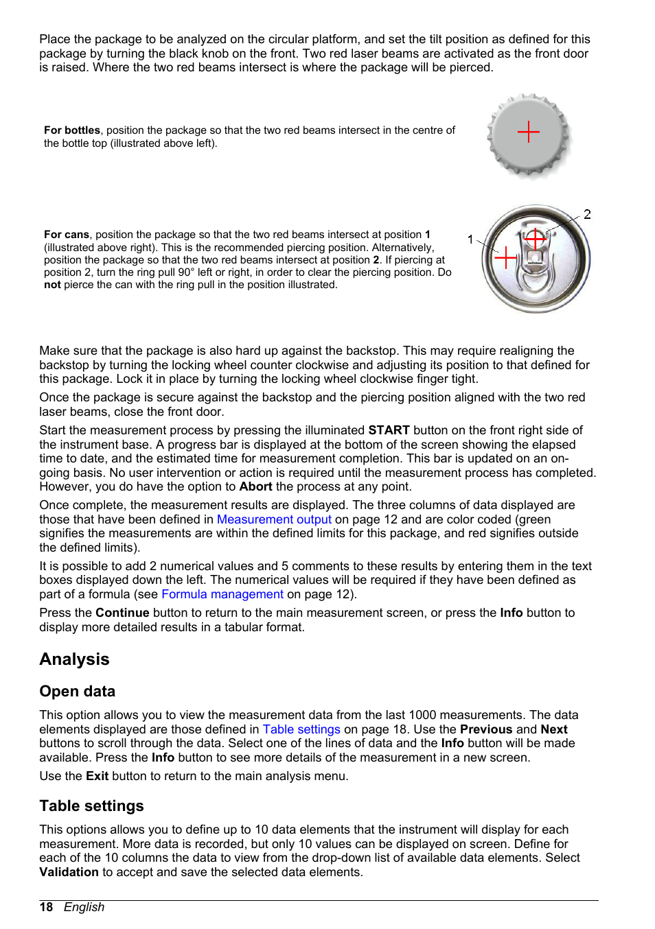 Analysis, Open data, Table settings | Refer to | Hach-Lange ORBISPHERE 6110 Basic User Manual User Manual | Page 18 / 302