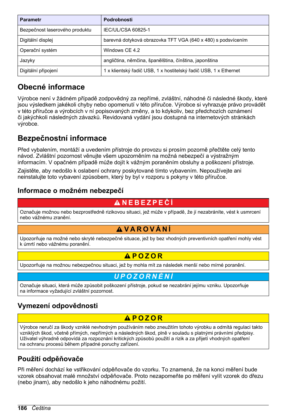 Obecné informace, Bezpečnostní informace, Informace o možném nebezpečí | Vymezení odpovědnosti, Použití odpěňovače | Hach-Lange ORBISPHERE 6110 Basic User Manual User Manual | Page 186 / 302