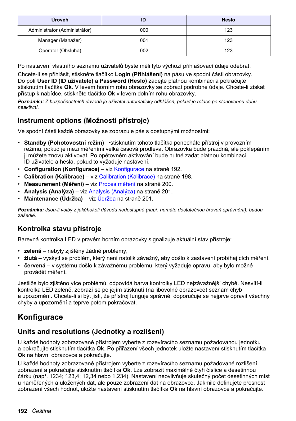 Instrument options (možnosti přístroje), Kontrolka stavu přístroje, Konfigurace | Units and resolutions (jednotky a rozlišení) | Hach-Lange ORBISPHERE 6110 Basic User Manual User Manual | Page 192 / 302