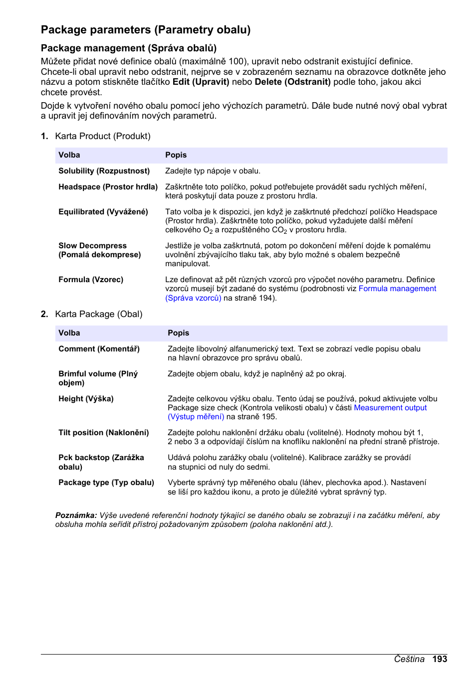 Package parameters (parametry obalu), Package management (správa obalů) | Hach-Lange ORBISPHERE 6110 Basic User Manual User Manual | Page 193 / 302