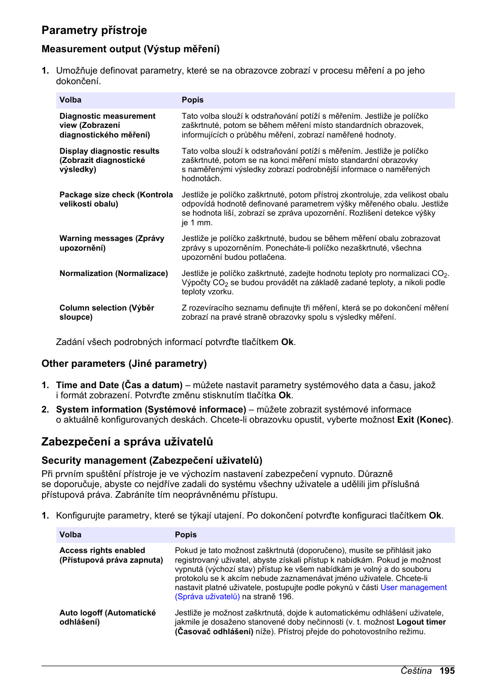 Parametry přístroje, Measurement output (výstup měření), Other parameters (jiné parametry) | Zabezpečení a správa uživatelů, Security management (zabezpečení uživatelů), Zabezpečení a správa, Uživatelů, Measurement output, Výstup měření), Na straně 195 | Hach-Lange ORBISPHERE 6110 Basic User Manual User Manual | Page 195 / 302
