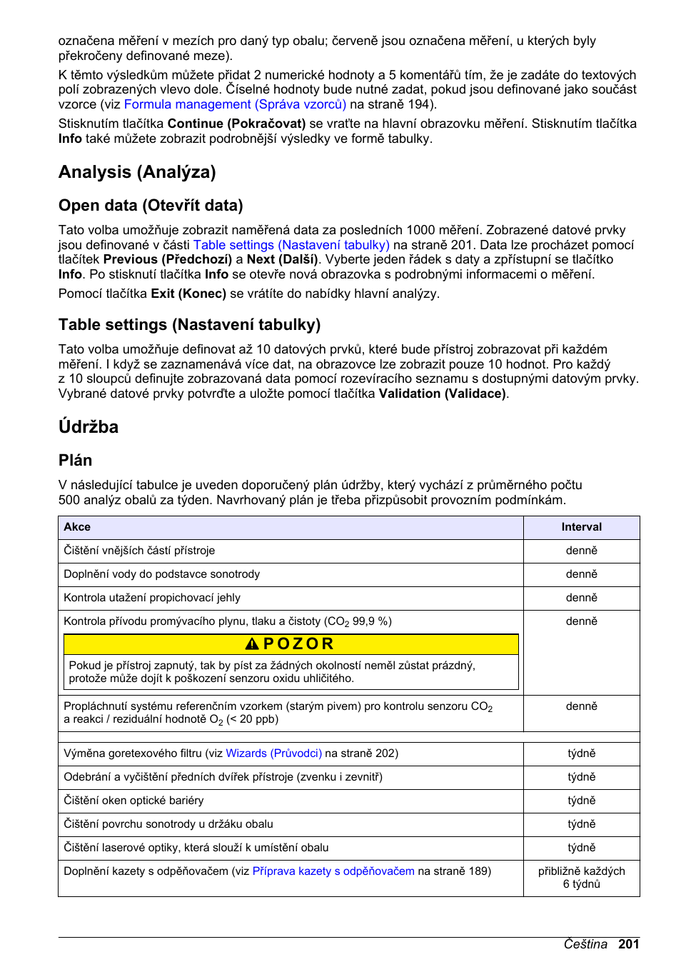 Analysis (analýza), Open data (otevřít data), Table settings (nastavení tabulky) | Údržba, Plán, Na straně 201 | Hach-Lange ORBISPHERE 6110 Basic User Manual User Manual | Page 201 / 302