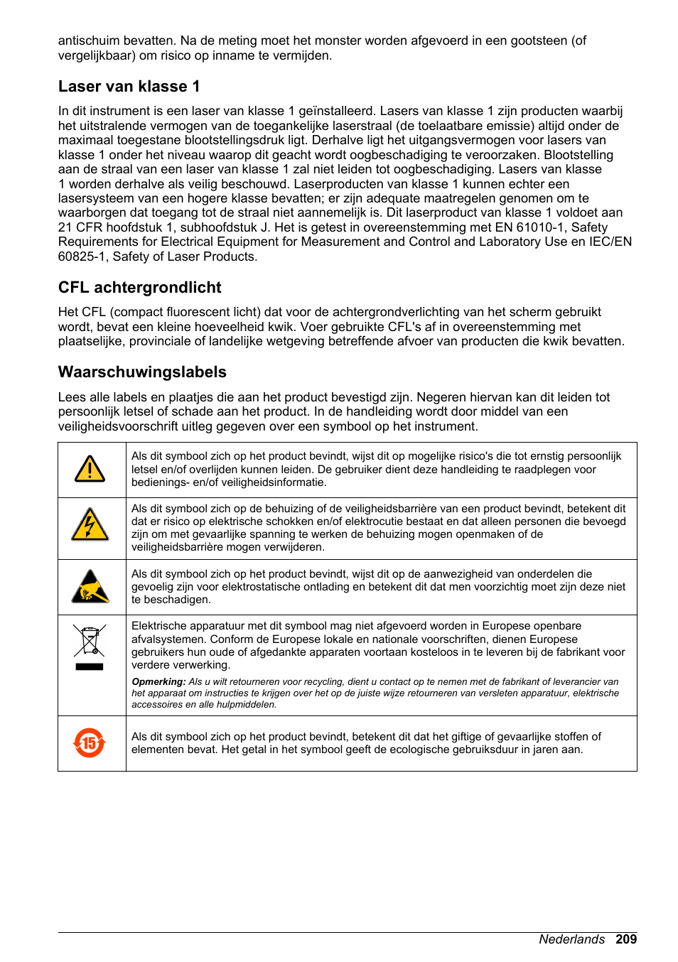 Laser van klasse 1, Cfl achtergrondlicht, Waarschuwingslabels | Hach-Lange ORBISPHERE 6110 Basic User Manual User Manual | Page 209 / 302