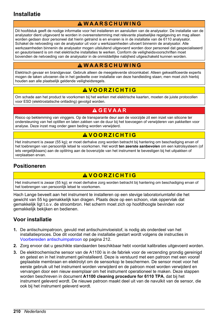 Installatie, Positioneren, Voor installatie | Hach-Lange ORBISPHERE 6110 Basic User Manual User Manual | Page 210 / 302