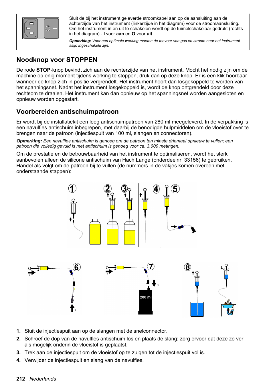 Noodknop voor stoppen, Voorbereiden antischuimpatroon | Hach-Lange ORBISPHERE 6110 Basic User Manual User Manual | Page 212 / 302