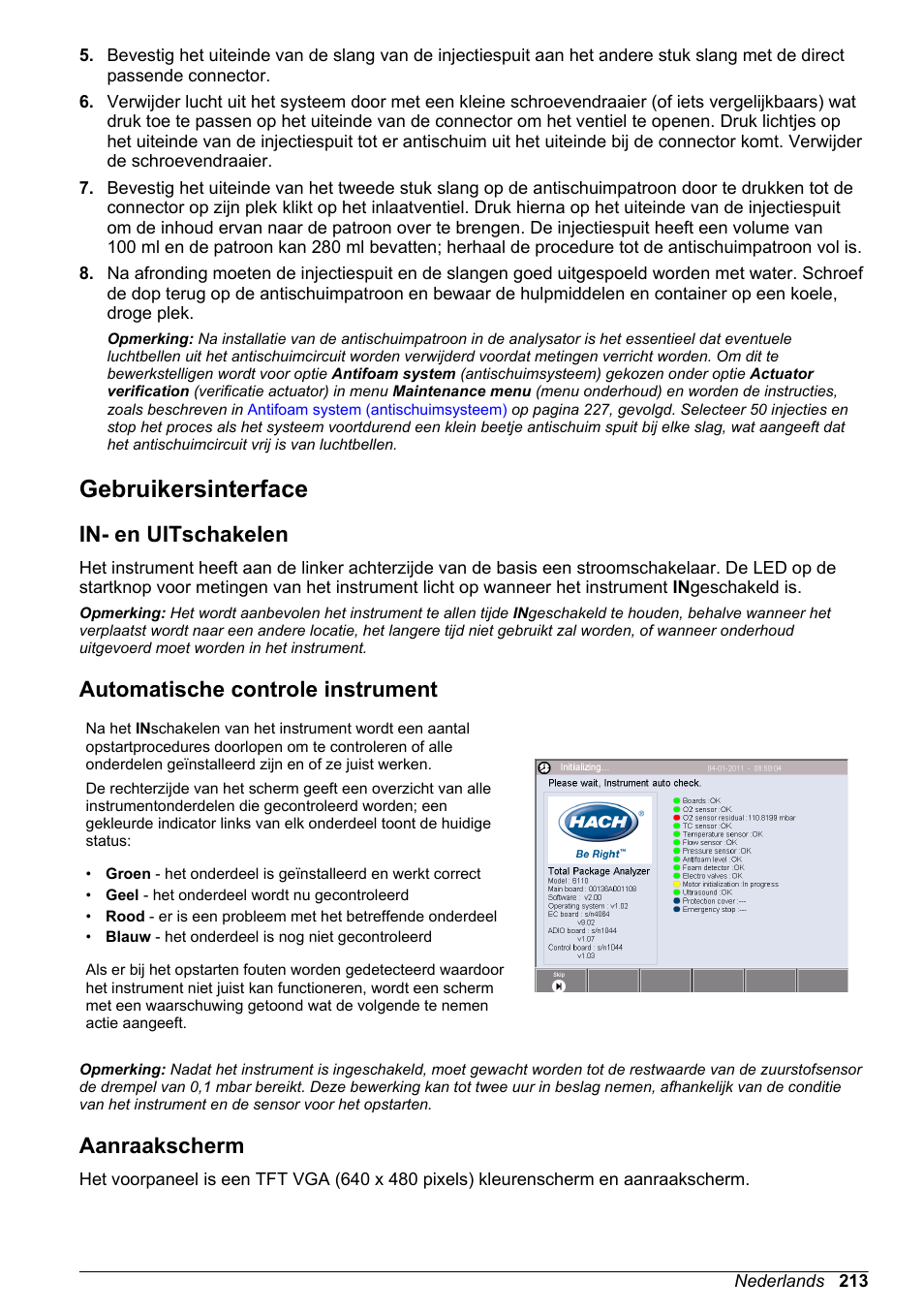 Gebruikersinterface, In- en uitschakelen, Automatische controle instrument | Aanraakscherm | Hach-Lange ORBISPHERE 6110 Basic User Manual User Manual | Page 213 / 302