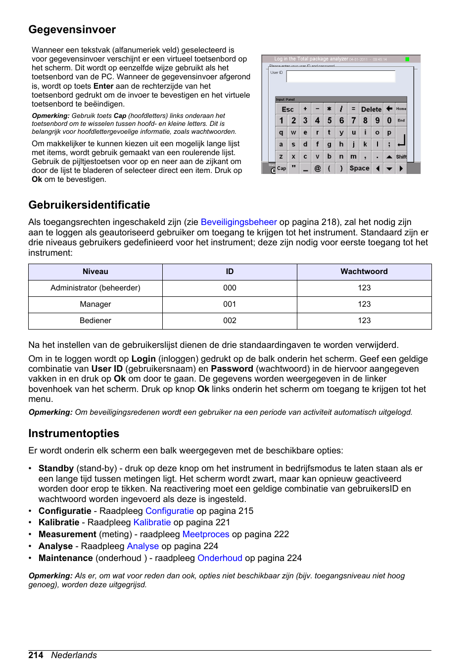 Gegevensinvoer, Gebruikersidentificatie, Instrumentopties | Hach-Lange ORBISPHERE 6110 Basic User Manual User Manual | Page 214 / 302