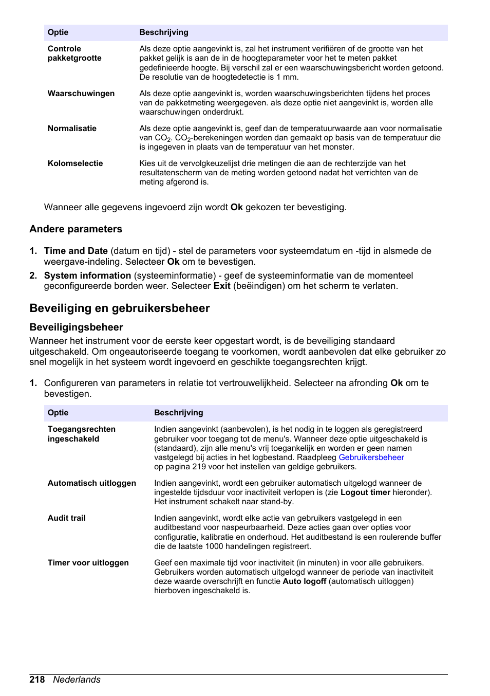 Andere parameters, Beveiliging en gebruikersbeheer, Beveiligingsbeheer | Beveiliging, En gebruikersbeheer | Hach-Lange ORBISPHERE 6110 Basic User Manual User Manual | Page 218 / 302